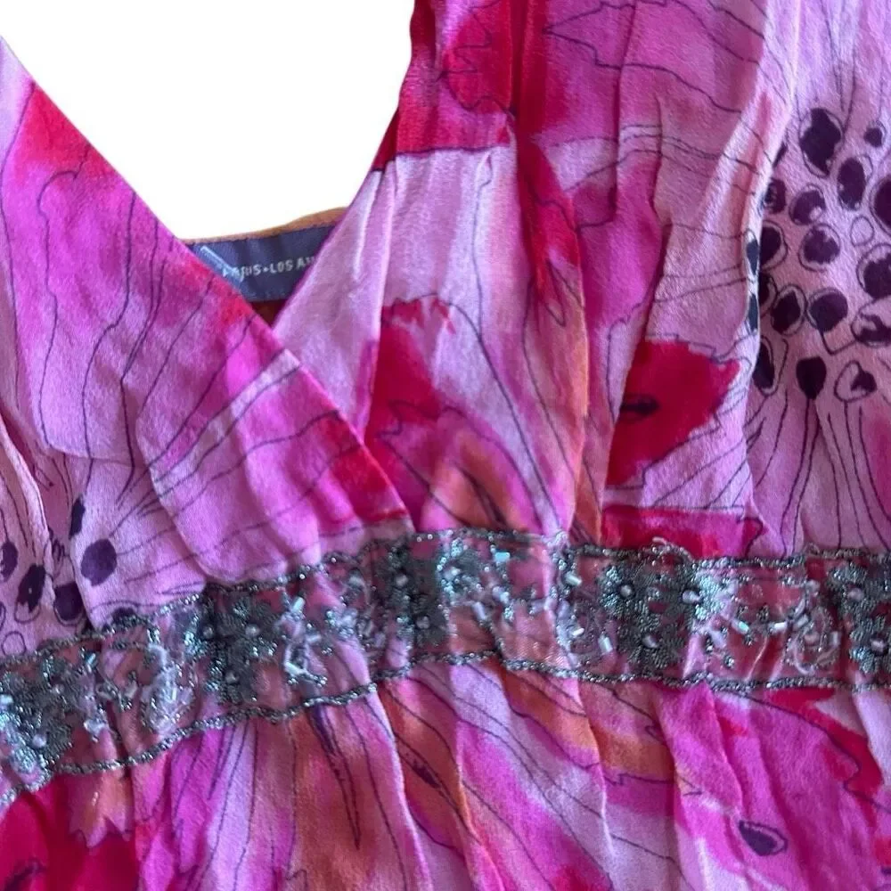 Hale Bob Silk Floral Beaded Spaghetti Strap Cami Tank Top Pink Orange M NEW